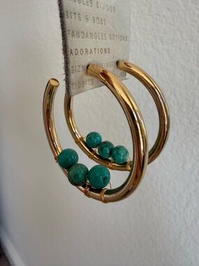 Anthropologie Gold Hoops with Turquoise Beads Earrings - New!